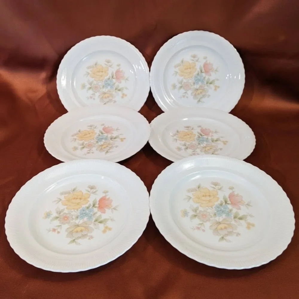 Vintage Ichiyama Toen Japan Floral Porcelain Salad Plates Set of 6 Ribbed Edge